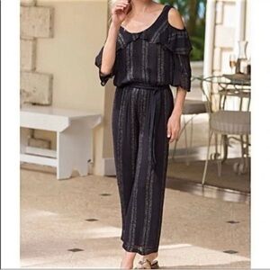 Soft Surroundings Avedon Chiffon Black Metallic Thread Crop Leg Jumpsuit Size S